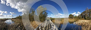 Panoramic from a bicycle path bridge over a canal in a nature reserve