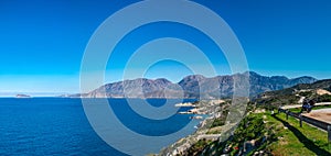 Panoramic bird eye view of Aegean sea in Crete island, Greece. HD panorama blue sky and Cretan sea