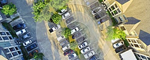 Panoramic bird eye view outdoor parking lots at apartment complex in USA