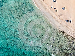 Panoramic bird`s eye aerial drone view of a beach section at Corralejo National Park Parque Natural de Corralejo photo