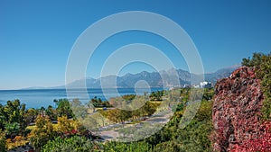 Panoramic bird view of Antalya and Mediterranean seacoast and beach, Antalya, Turkey