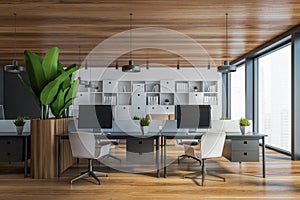 Panoramic black open space office interior
