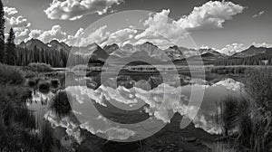 A panoramic landscape capturing an unbiased view of nature\'s diversity. Black and white photo