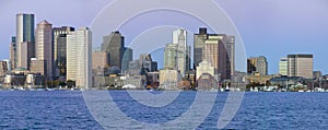 Panoramic of Boston Harbor and the Boston skyline at sunrise as seen from South Boston, Massachusetts, New England