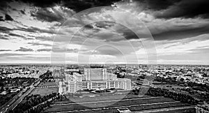 Panoramic Bucharest city skyline in Romania, black and white version