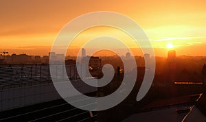 Panoramic Bucharest skyline at sunset