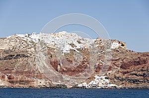 Panoramic from the caldera of the seaside village of Fira, Santorini Island, Greece