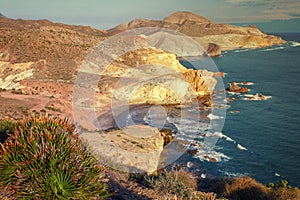 Panoramic of the Carbon beach and entrance to Chicre beach, Cabo de Gata Natural Park, Almeria, Spain