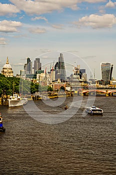 Panoramic city of london, ships on the river thames, modern and