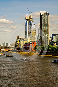 Panoramic city of london, ships on the river thames, modern and