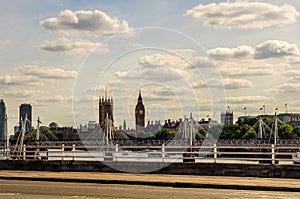 Panoramic city of london, ships on the river thames, modern and