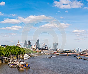 Panoramic city of london, ships on the river thames, modern and