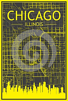 Panoramic city skyline poster with streets network of CHICAGO, ILLINOIS