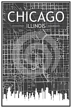 Panoramic city skyline poster with streets network of CHICAGO, ILLINOIS