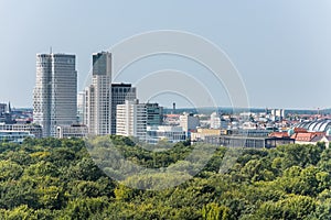 Panoramic city view of Berlin from the top of the Berlin Victory Column in Tiergarten, Berlin, with modern skylines and churches