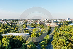 Panoramic city view of Berlin, viewfrom the top of the Berlin Victory Column in Tiergarten, Berlin, with modern skylines and green