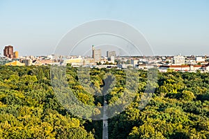 Panoramic city view of Berlin, viewfrom the top of the Berlin Victory Column in Tiergarten, Berlin, with modern skylines and green