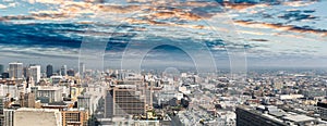 Panoramic city view of Los Angeles skyline from a viewpoint in Downtown