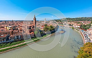 Panoramic cityscape aerial view on Verona historical center, bridge and Adige river. Famous travel destination in Italy. Old town