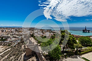 Panoramic cityscape of Almeria with the walls of Alcazaba (Castle)