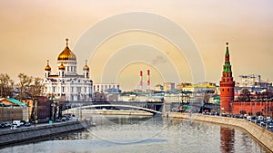 Cityscape with beautiful Cathedral of Christ the Saviour and Kremlin Vodovzvodnaya Tower, Moscow photo