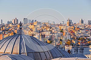 Panoramic cityscape of Istanbul from Suleymaniye Mosque overlooking the Golden Horn or Halic