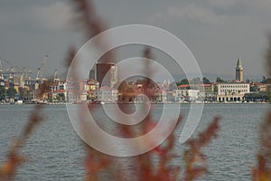 Panoramic cityscape of Koper Capodistria, northern city of Adriatic sea, with big port and picturesque buildings