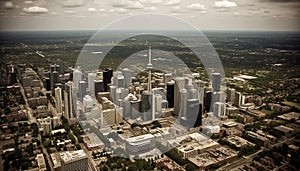 Panoramic cityscape of modern skyscrapers in financial district at dusk generated by AI