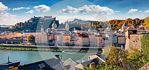 Panoramic cityscape of Salzburg, Old City, birthplace of famed composer Mozart.