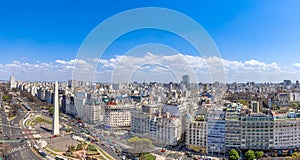 Panoramic cityscape and skyline view of Buenos Aires near landmark obelisk on 9 de Julio Avenue