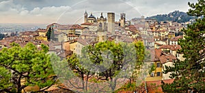 Panoramic cityscape view of Bergamo old town, Italy