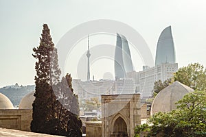 Panoramic cityscape view of modern Baku, capital city of Azerbaijan on a clean sunny day