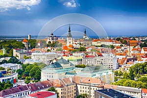 Panoramic Cityscape View of Tallinn City on Toompea Hill in Estonia. Shot Covers Lines of Traditional Red Roofs of Medieval House