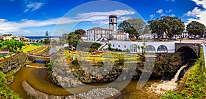 Panoramic cityscape view to Municipality and central square Of Ribeira Grande, Sao Miguel, Azores, Portugal. Central square of photo