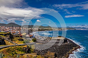 Panoramic cityscape view to Municipality and central square Of Ribeira Grande, Sao Miguel, Azores, Portugal. Central square of