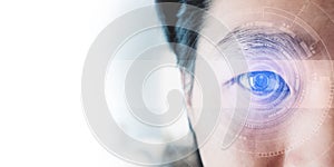 Panoramic close-up Asian businessman`s eye , with futuristic technology visual effect