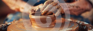 Panoramic closeup banner of hads with clay molding material into pot on potter wheel turning