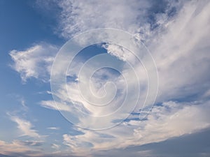 Panoramic cloudscape scene over the blue sky. Fluffy white clouds aerial composition. Misty overcast cumulus shapes, abstract