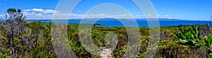 Panoramic coastal sea view at summit of walking track Beecroft Head, Abrahams Bosom Reserve, Jervis Bay, NSW, Australia