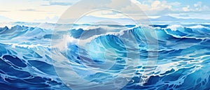Panoramic cold arctic ocean stormy blue sea waves seascape - generative AI