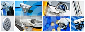Panoramic collage of closeup security CCTV camera or surveillance system