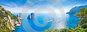 Panoramic collage with famous Faraglioni Rocks, Marina Piccola and Monte Solaro on Capri Island, Italy photo