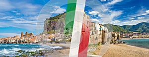 Panoramic collage with itaian flag, sandy beach and blue sea in Cefalu located on Tyrrhenian coast of Sicily, Italy