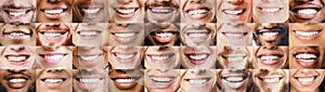 Panoramic collage of multiethnic people white smiles