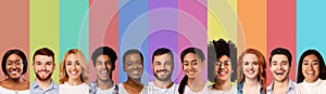 Panoramic collage of multiracial young people faces photo