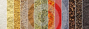 Panoramic collage of spices and herbs isolated background. seasoning texture for food packaging design. collection of colorful