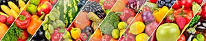 Panoramic collection fresh fruits and vegetables background.