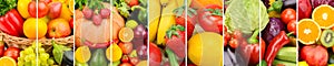 Panoramic collection fresh fruits and vegetables background. Wide photo .