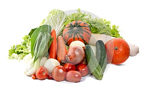 Panoramic collection fresh fruits and vegetables for skinali isolated on white background. Copy space