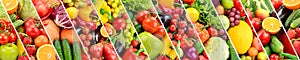 Panoramic collection fruits and vegetables separated oblique stripes. photo